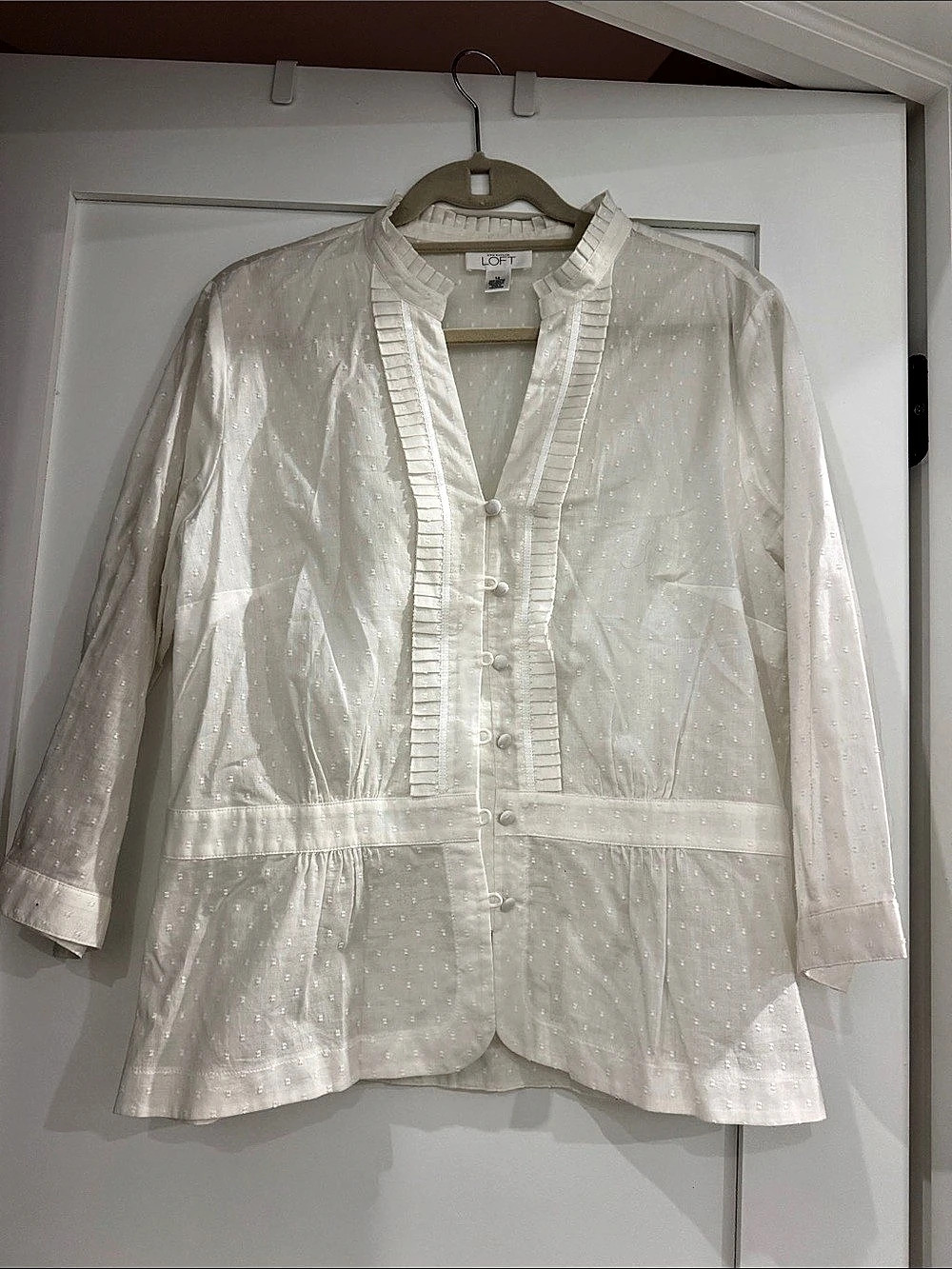 LOFT White Swiss Dot Ruffle Blouse